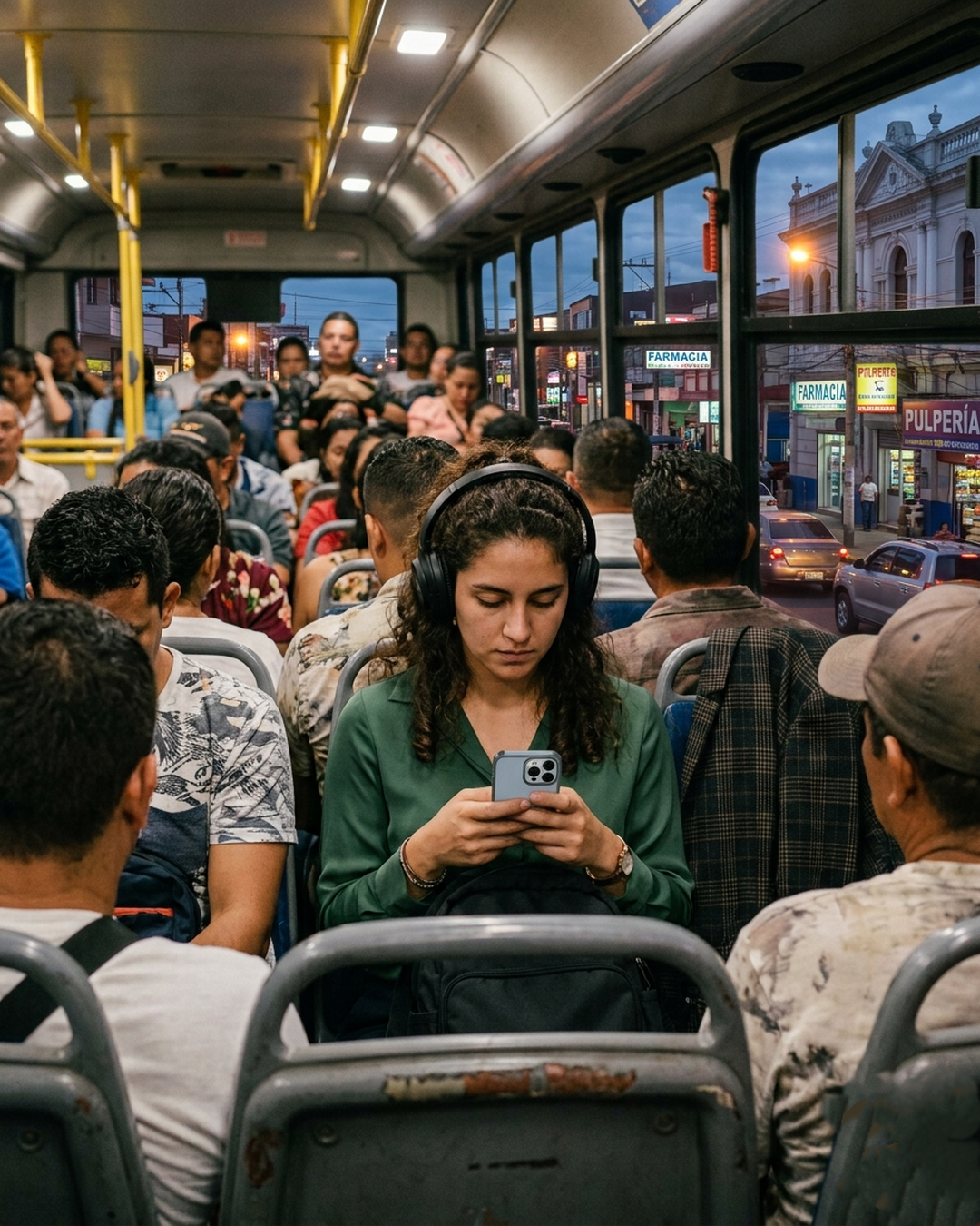 Vendedora estudiando Inteligencia de Ventas en el bus